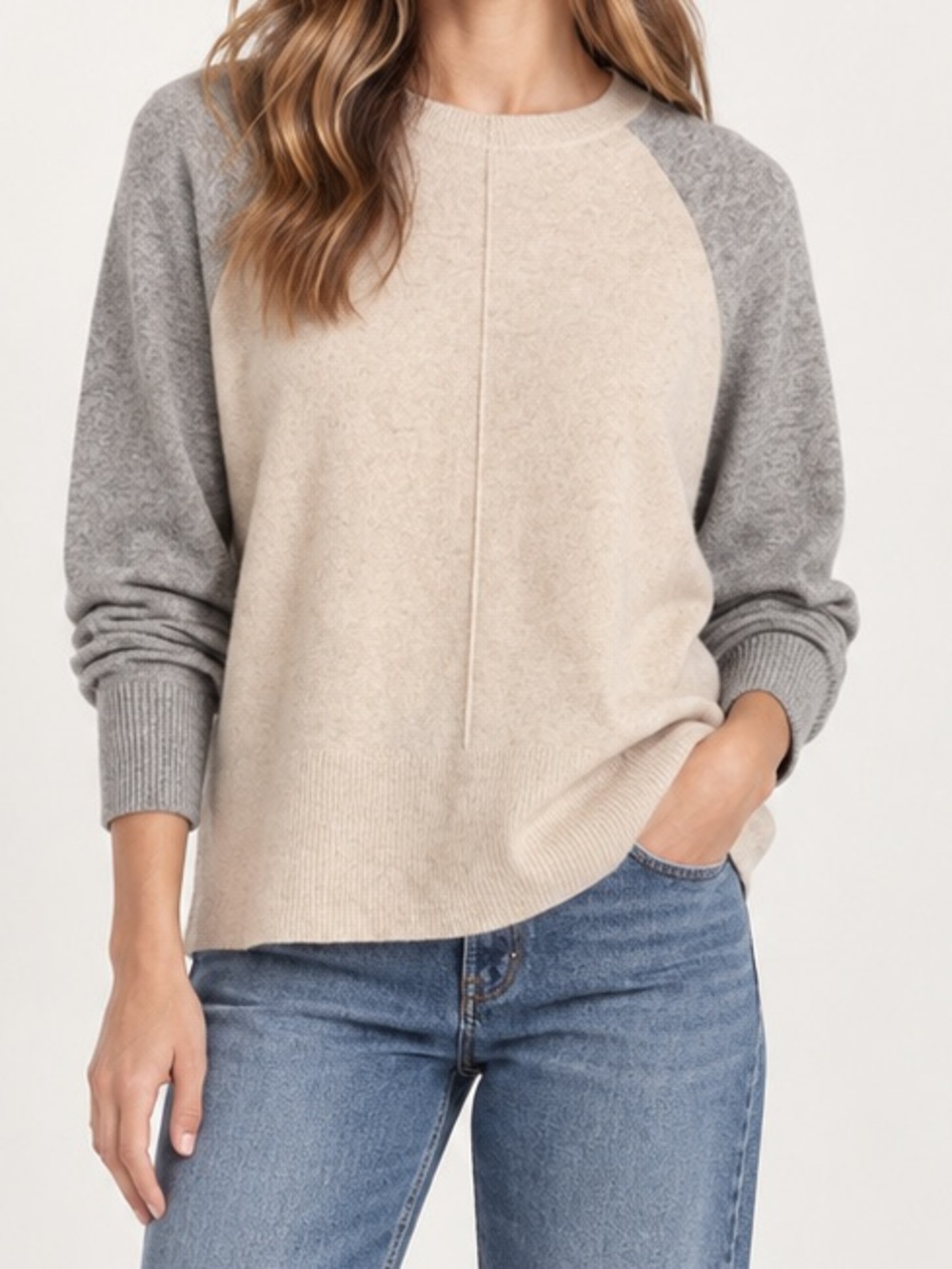 Vince 100% Cashmere Raglan Sleeve Sweater Crewneck Cream Grey Medium $398